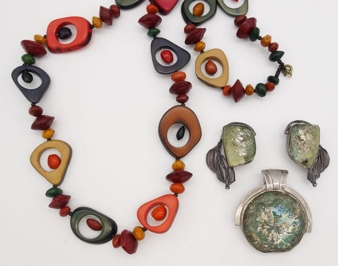 Vintage Studio Ancient Volcanic Glass Sterling Silver Pendant Earrings Suite, Dyed Seed Necklace (1 of 7)