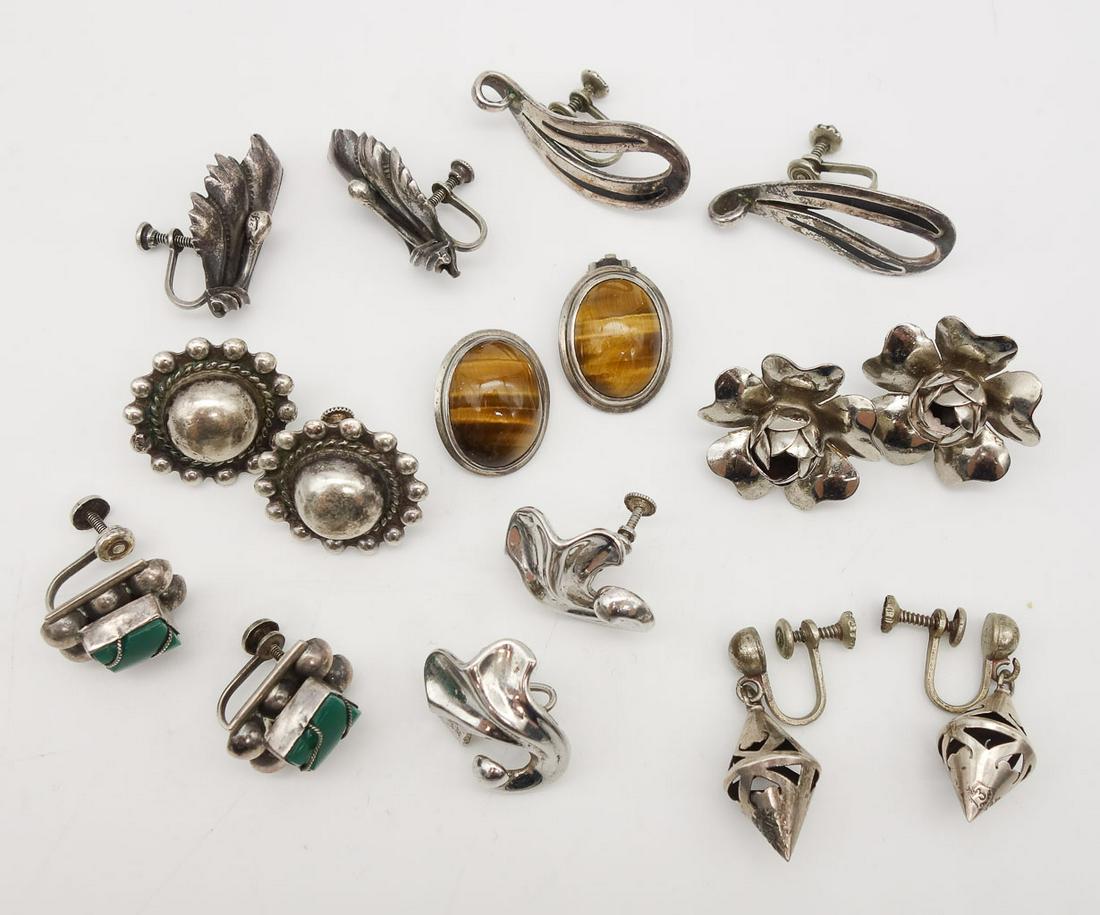 Vintage Lot 8 Pairs Sterling Silver Earrings incl Mexico, Tigers Eye (1 of 2)