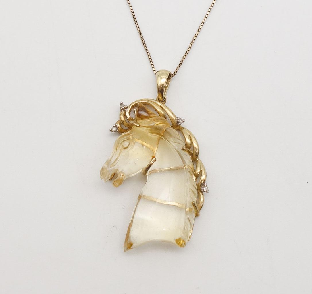 Vintage Solid Gold Diamond Carved Citrine Horsehead Pendant 14K Gold Necklace (1 of 4)