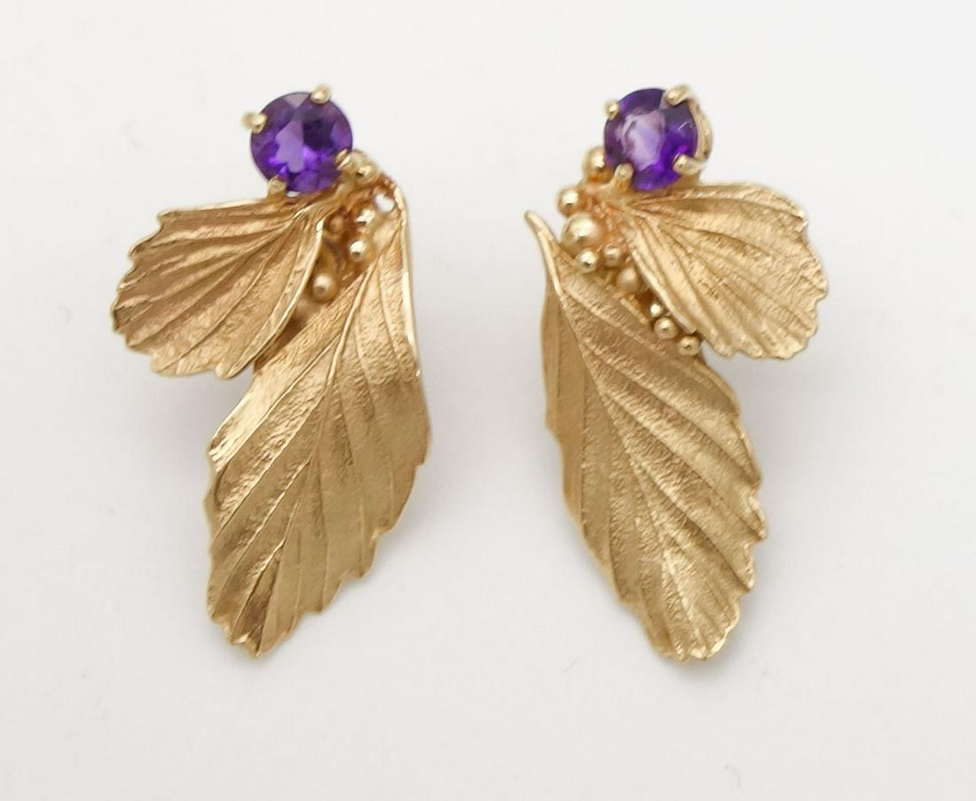 Vintage Pair Krupp 14K Yellow Gold Amethyst Leaf Earrings (1 of 6)