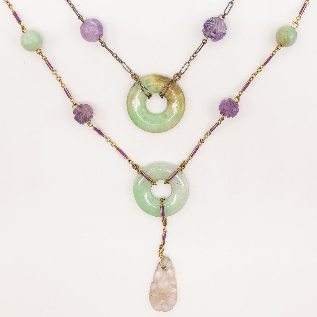 Vintage Chinese Silver Enamel Jadeite Bi Disk Necklace Earrings Suite (1 of 10)