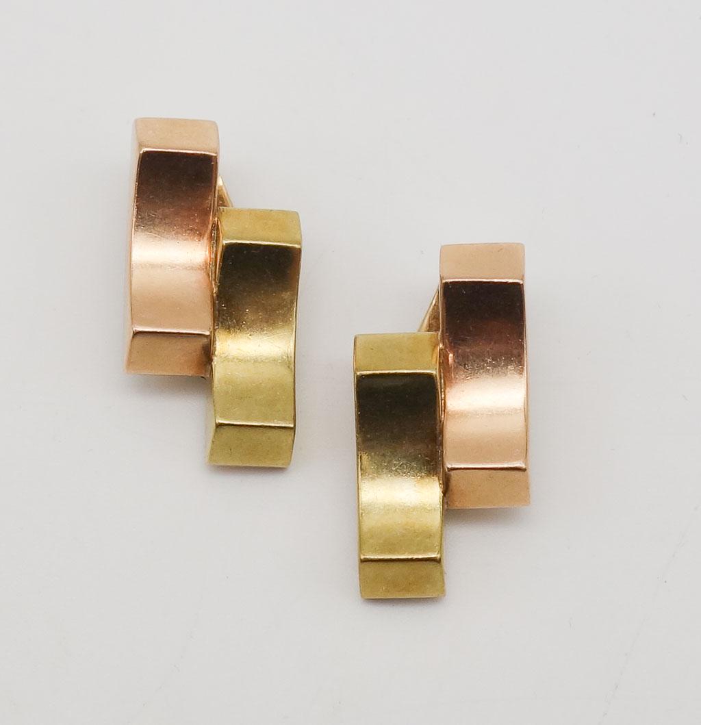 Vintage Retro M.C. Mossalone Rose and Yellow Bi-Color 14K Gold Art Deco Earrings: This is a vintage pair of M.C. Mossalone retro bi-colored earrings in rose and yellow 14K gold. Art Deco motif. Each earring is 24.5 x 12.3mm. The total weight is 7.9g.