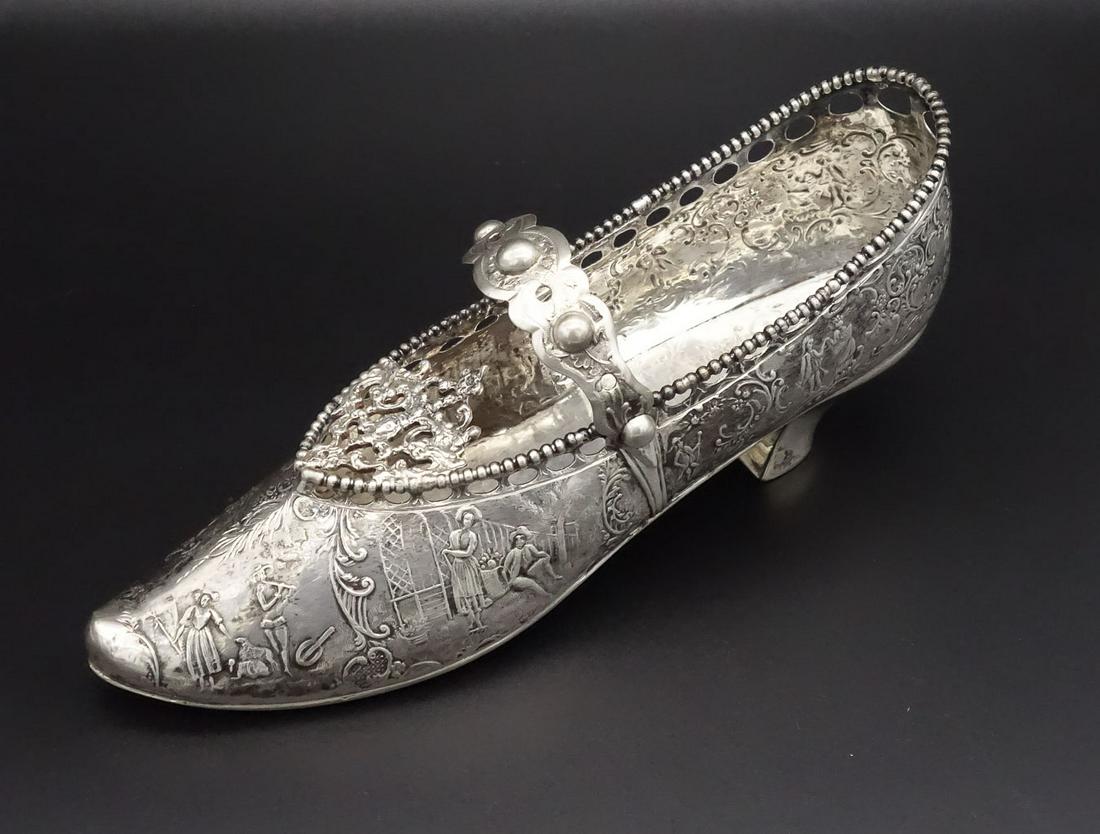 Antique Large Ornate Dutch 800 Silver Repousse Ladies Shoe (1 of 8)