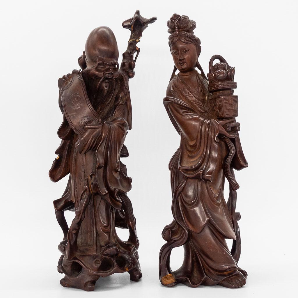 Antique Chinese Pair Carved Wooden Figures God of Longevity and Woman (1 of 7)
