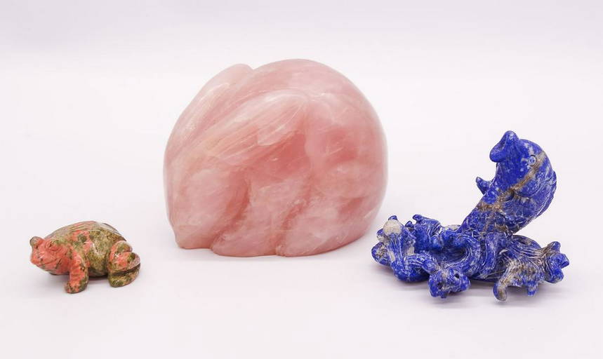 Asian Carved Group incl Rose Quartz Rabbit, Lapis Koi & Unakite (#0130 ...