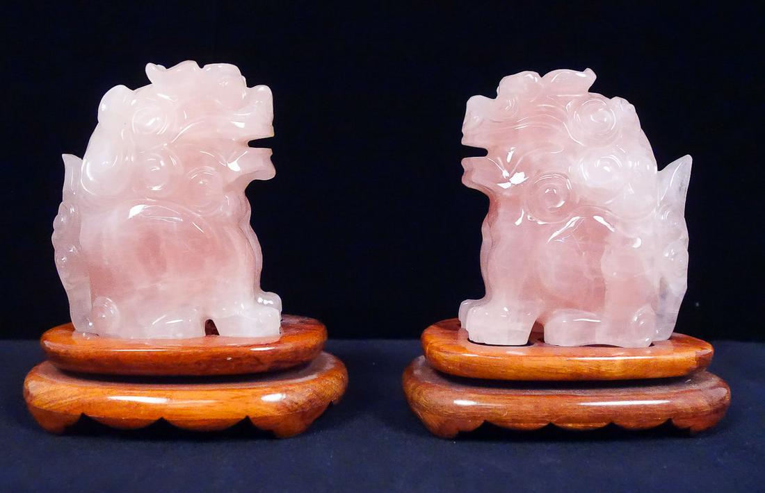 Pair Chinese Carved Rose Quartz Guardian Dog Figures (1 of 10)
