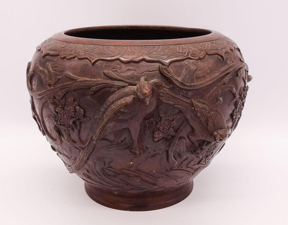 Asian Signed Bronze Ornate Peacock and Bird Jardiniere (1 of 6)