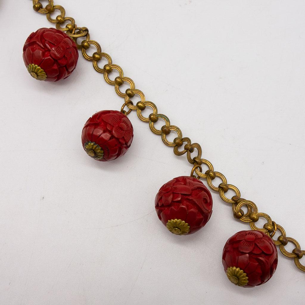 Antique Asian Carved Cinnabar Lacquer Bead Bracelet (1 of 3)