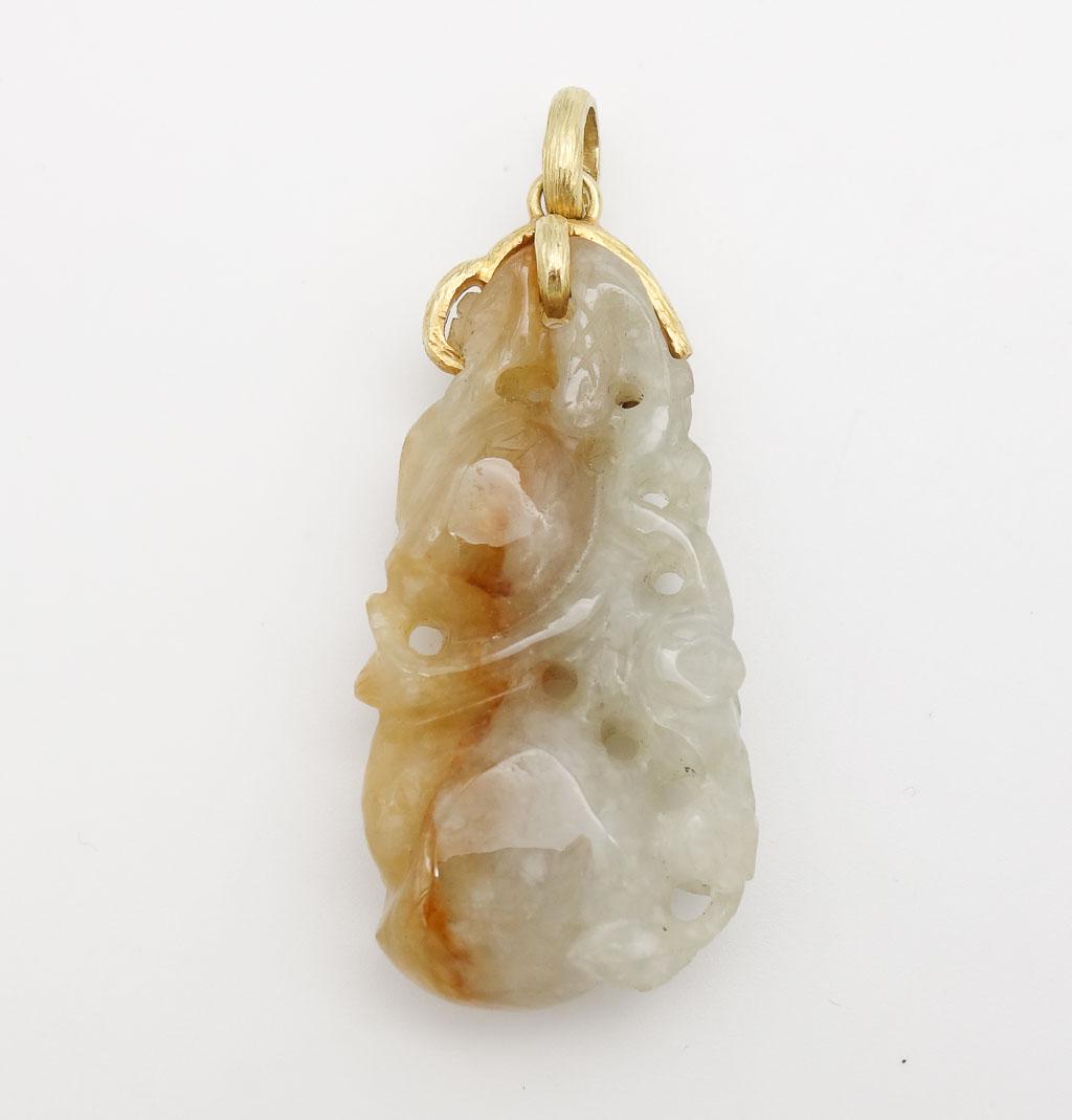 Carved Celadon Jade Pendant of Vining Fruit in Gold (1 of 3)