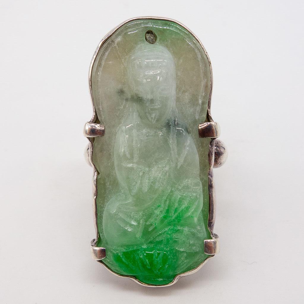 Antique Asian Sterling Silver Carved Green Jadeite Goddess Diamond Ring (1 of 5)