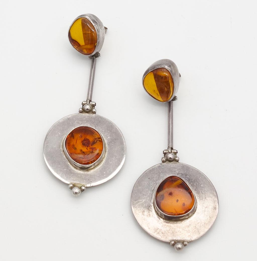 Vintage MCM Large Sterling Silver Baltic Amber Dangle Earrings (1 of 4)