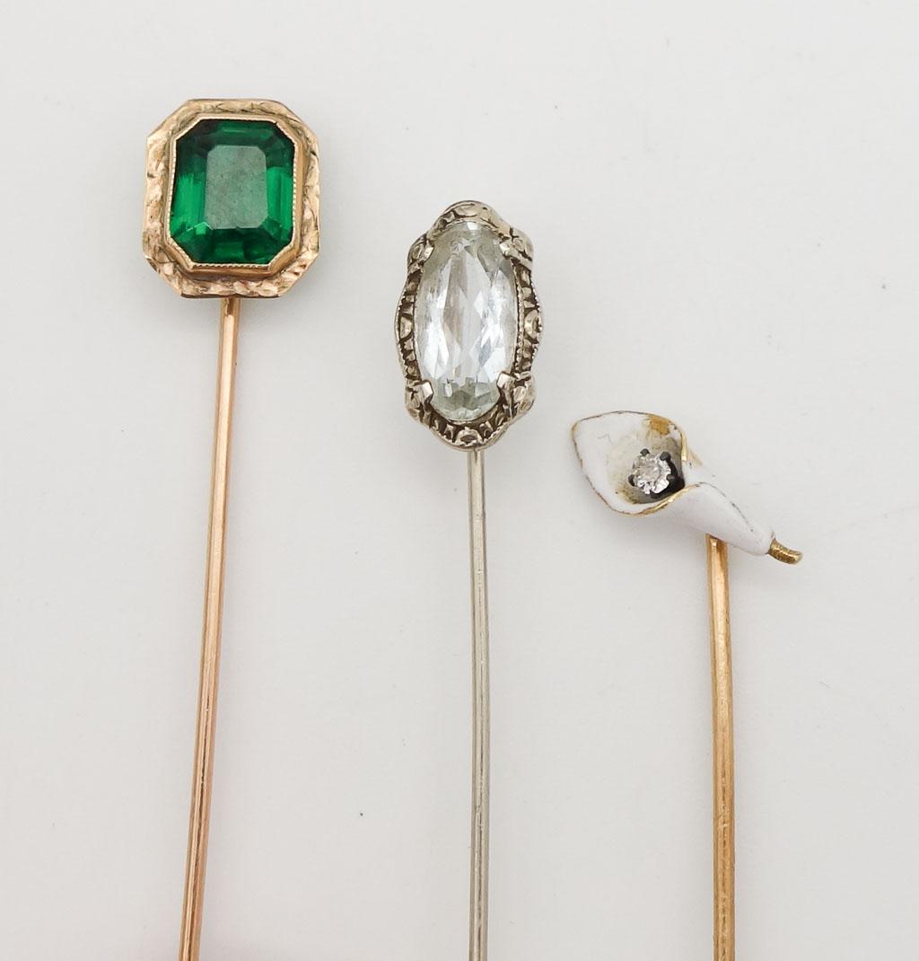 Antique Lot 3 14K and Solid Gold Jeweled Lapel Stick Pins incl Diamond Aquamarine Enamel (1 of 5)