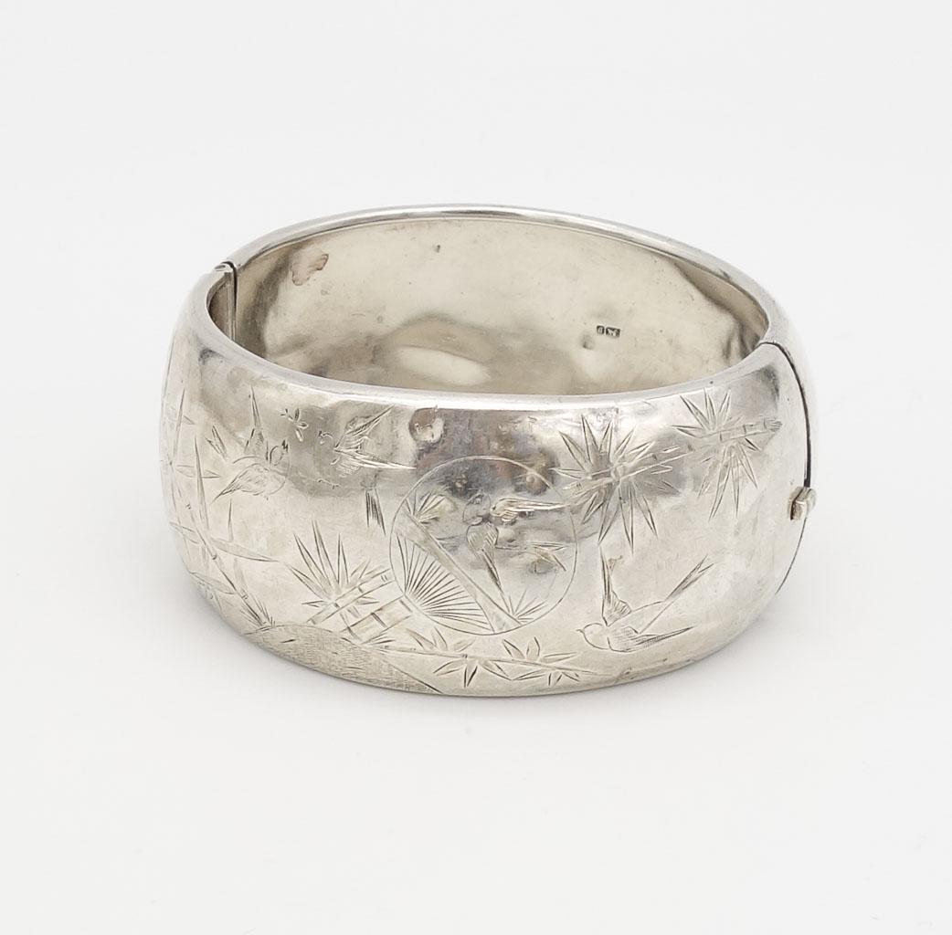 Antique 1881 Chester English Sterling Silver Aesthetic Movement Bamboo and Bird Motif Cuff Bracelet (1 of 9)