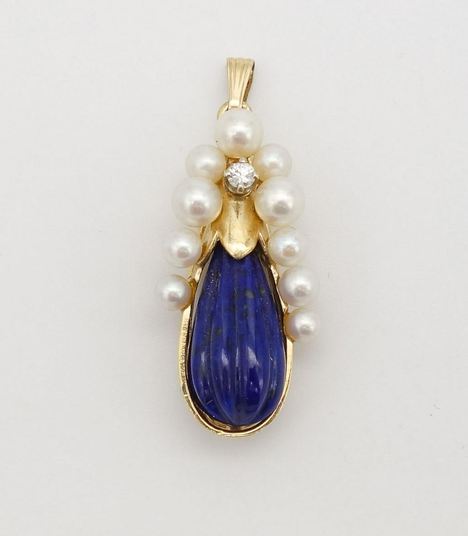Vintage 18K Gold Lapis Lazuli Pearl Diamond Necklace Pendant (1 of 2)