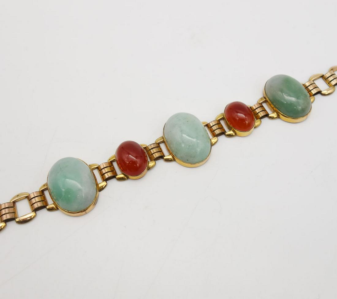 Vintage Mid Century Retro Multi Colored Gold GF Jadeite Carnelian Bracelet (1 of 5)