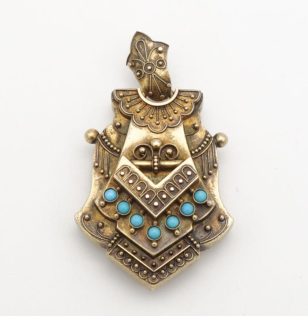 Antique Etruscan Revival 14K Gold Turquoise Pendant Locket (1 of 3)