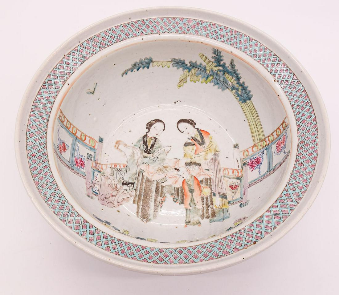 Asian Lg Basin Shaped Porcelain Bowl w Garden Scene (1 of 5)