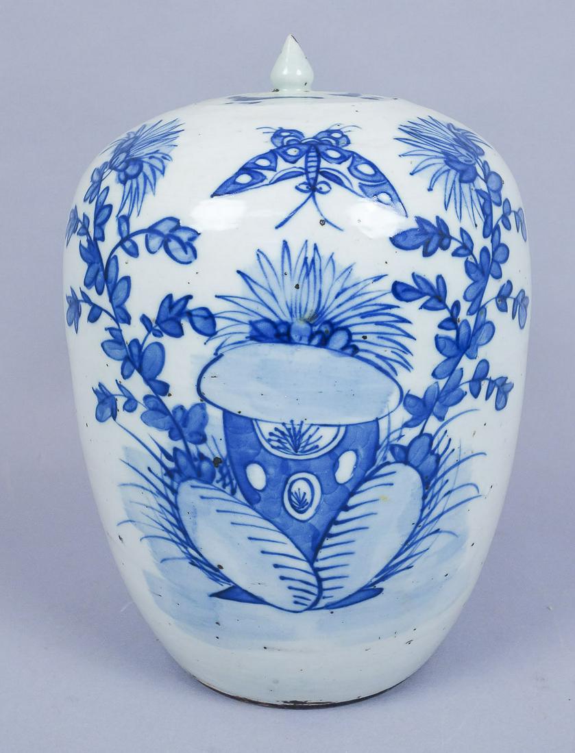 Antique Chinese Ovoid Blue & White Decorated Porcelain Covered Jar (1 of 9)