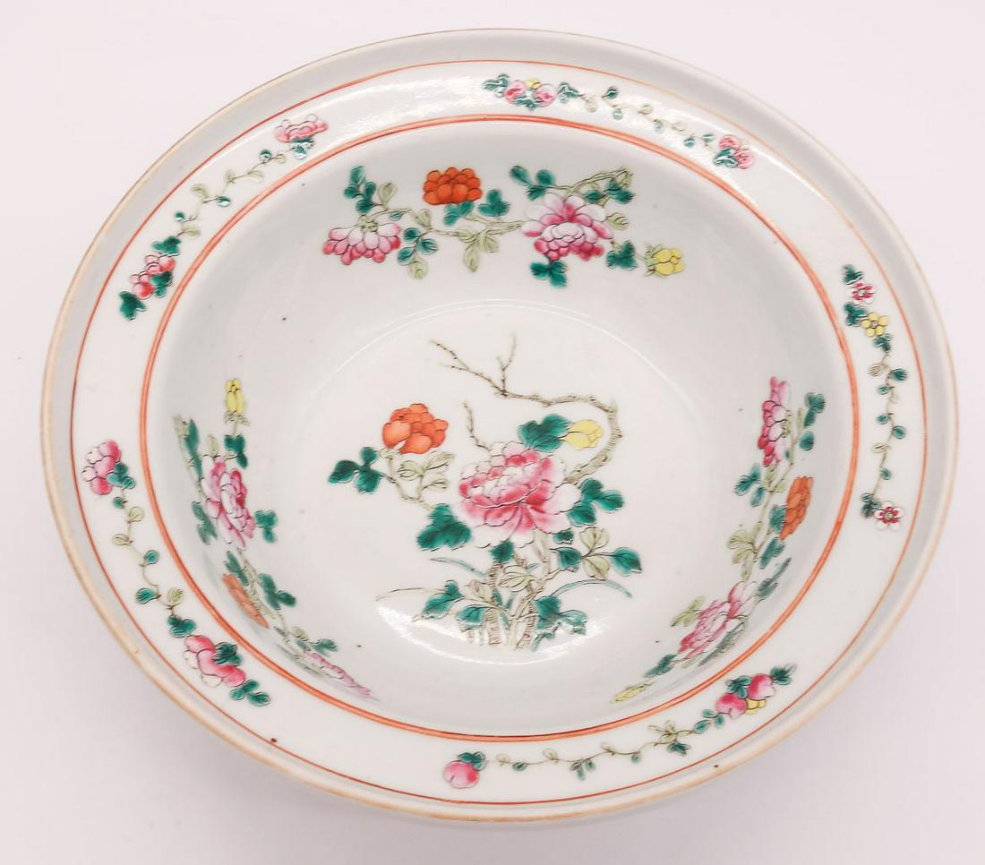 Asian Floral Decorated Famille Rose Porcelain Basin: This is an antique Chinese porcelain famille rose pattern basin bowl dating to at least the early 20th century if not before. 11" diameter x 3 1/2" High