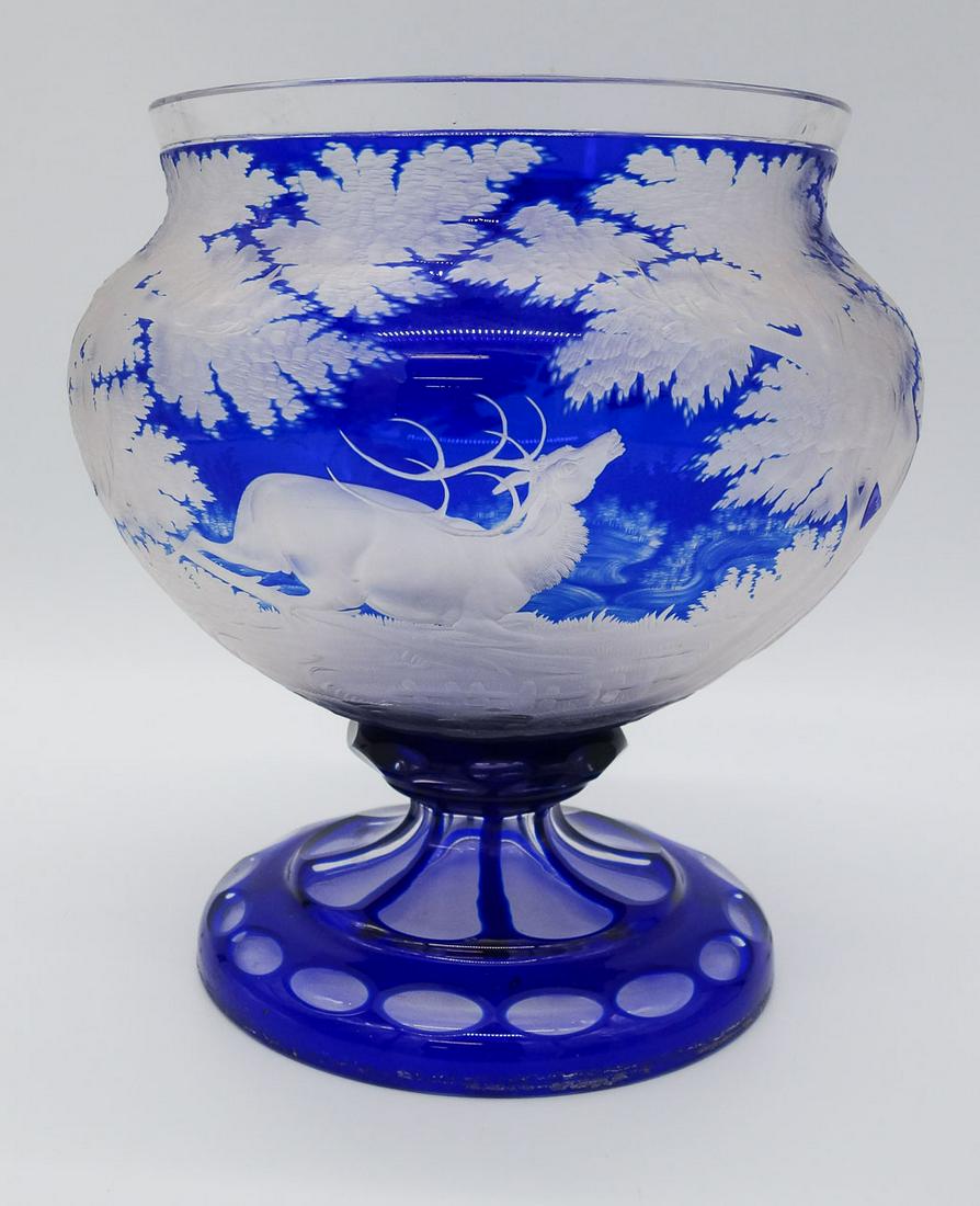 Antique Bohemian Blue Cut to Clear Woodland Stag Landscape Centerpiece Art Glass Pedestal Bowl (1 of 8)