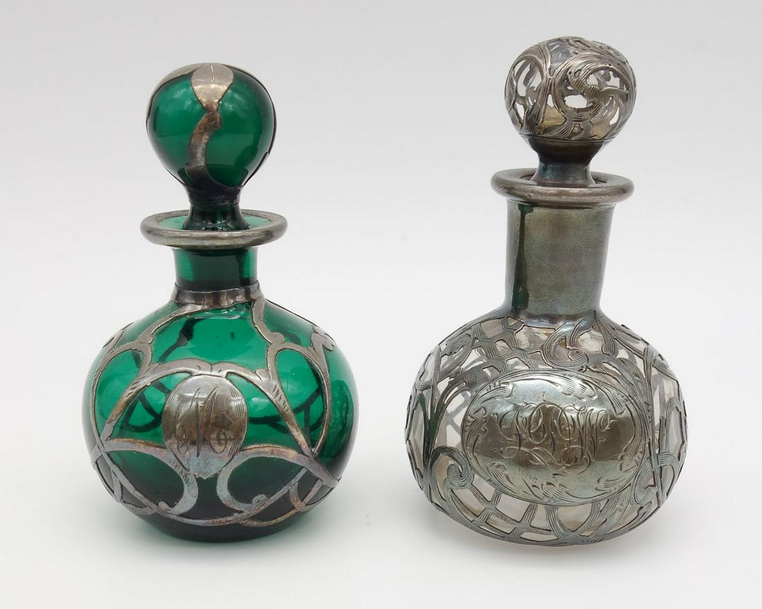 Antique 2 Art Nouveau Sterling Silver Overlay Glass Perfume Bottles (1 of 7)