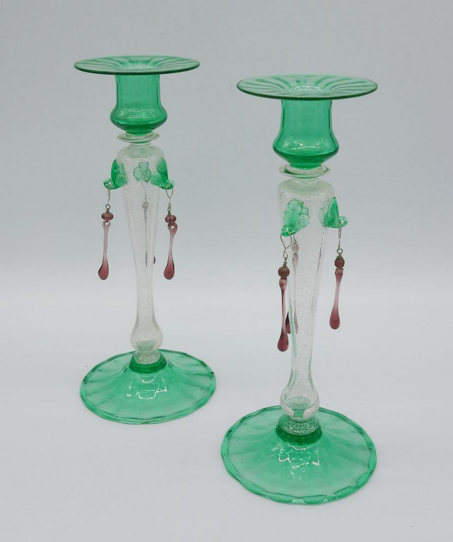 Antique Pair Steuben Art Glass Pomona Green Mica Flecked Cintra Candlesticks w Amethyst Dangles 6046 (1 of 7)