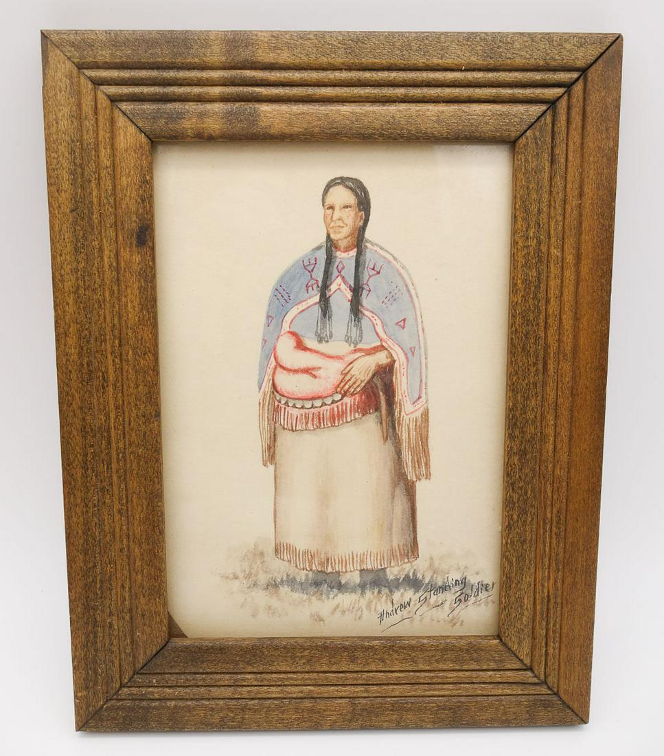 Vintage Early 20c Painting Signed Andrew Standing Soldier Portrait Native American Mother (1 of 6)