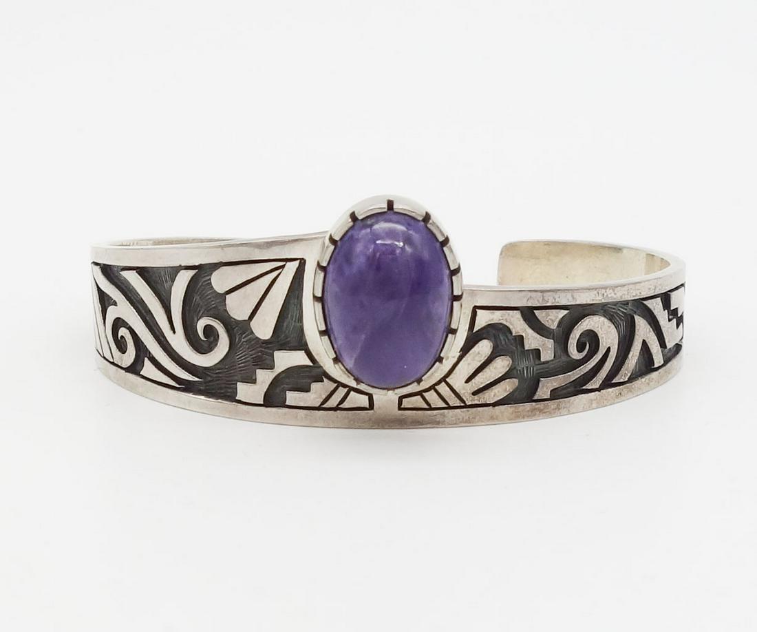 Native American Navajo Sterling Silver Leonard Bruce Hodgins Purple Stone Bracelet (1 of 4)