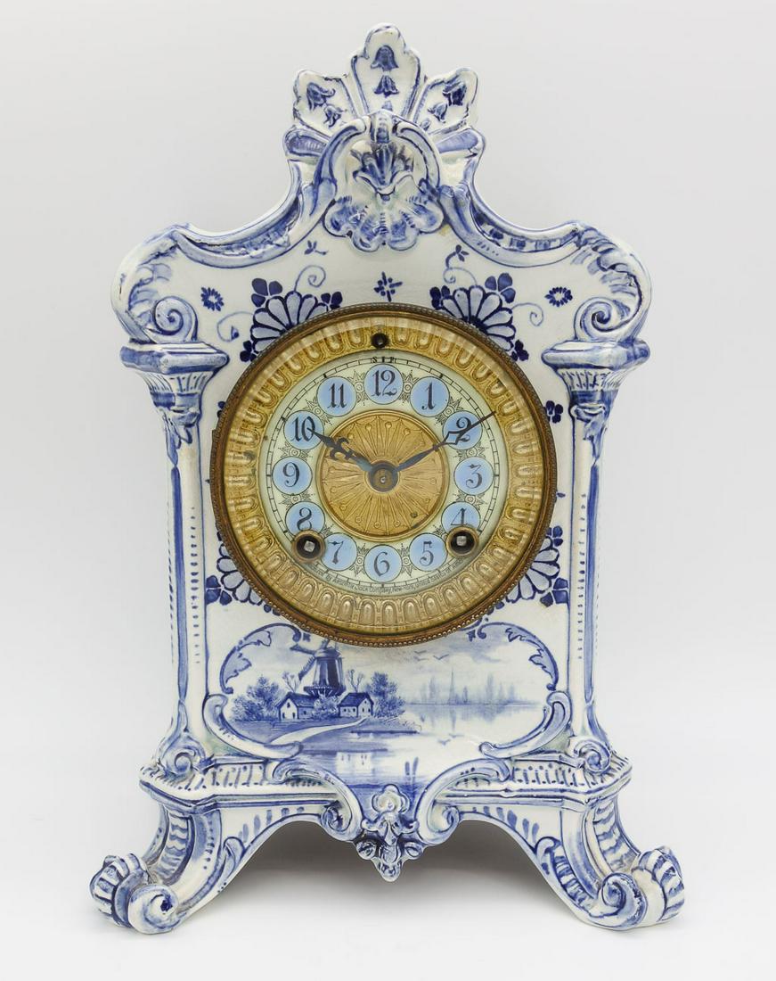 Antique Asonia Blue and White Decorated Delft Pottery Cased Mantle Clock (1 of 12)