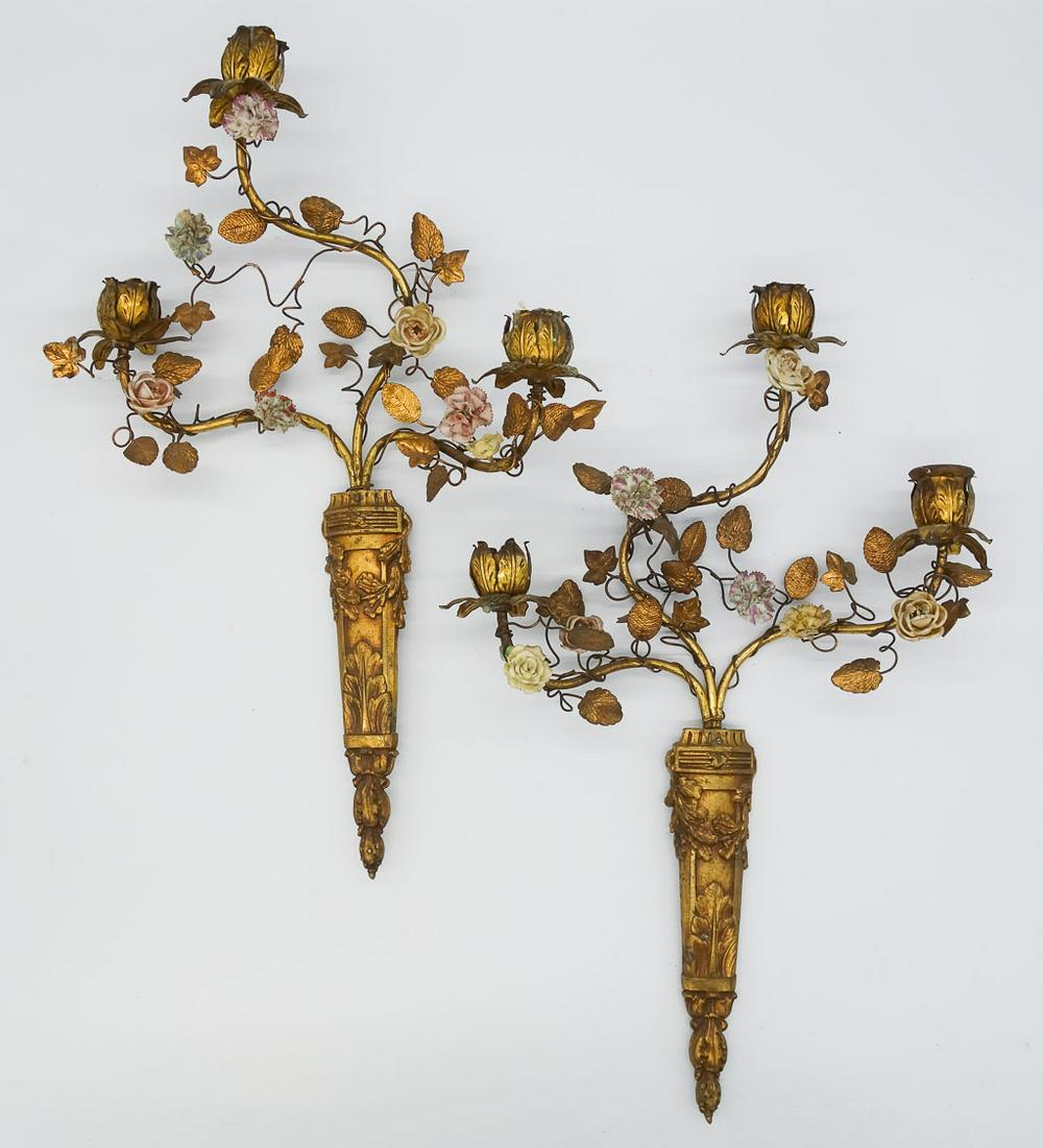 Antique Gilt Metal Porcelain Flower Pair Hanging Candle Sconces (1 of 5)