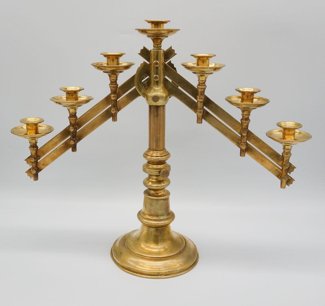 Antique Mechanical Church Altar 7 Light Bronze Dore Candleholder: This is an antique bronze dore mechanical seven light altar candle holder. The arms can each be raised and lowered either in tandem or independently. 19" H to the top of the center candle holder. When
