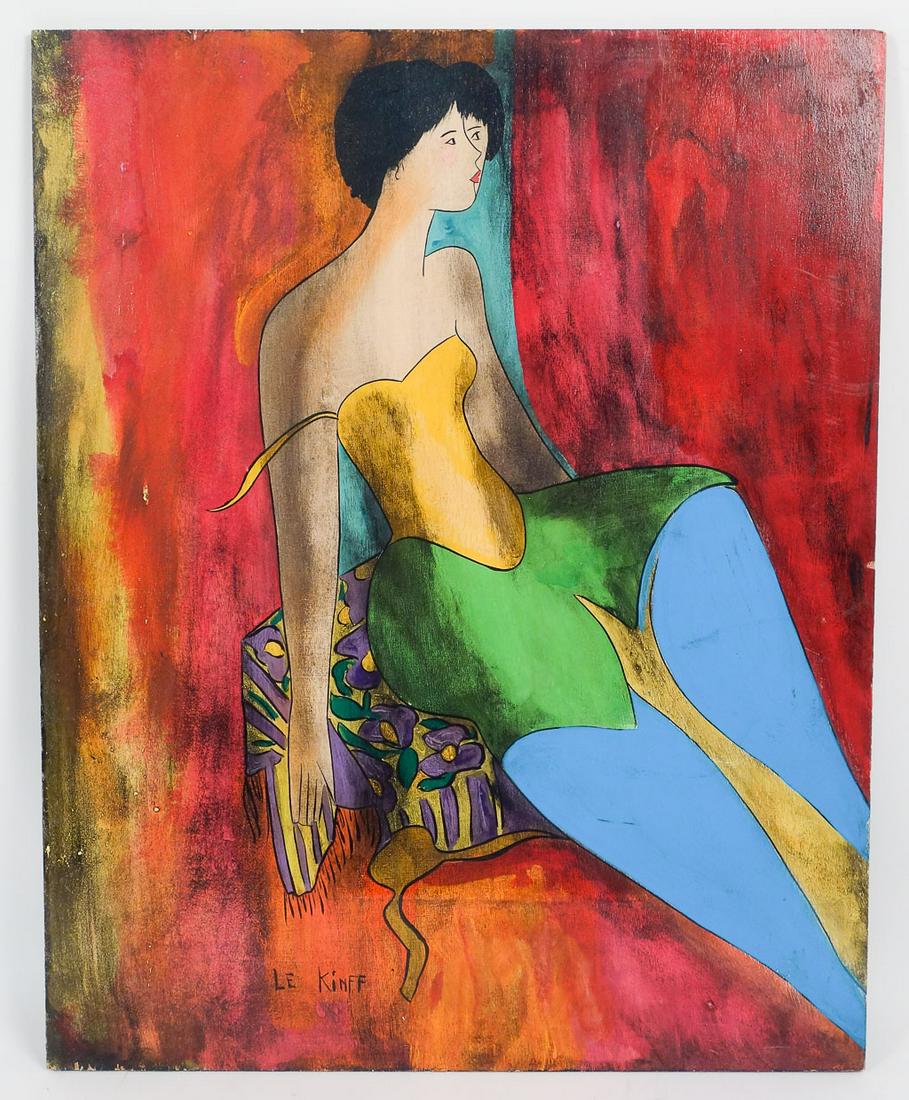 Modernist Signed Original Linda Le Kinff Painting "Colinette" Seated Woman on Board: This is an original oil painting by French based artist Linda Le Kinff. She was the official artist for both the 1998 World Cup and the 2010 Kentucky Derby. She studied multiple techniques around the