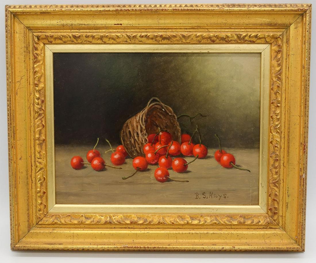 Antique 19c Primitive Original Cherry Still Life Oil Painting Signed B S Hays (1 of 4)
