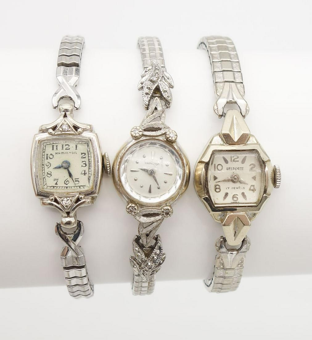 Vintage Group 3 White Gold Cased Ladies Wristwatches incl Hamilton, Belforte (1 of 5)