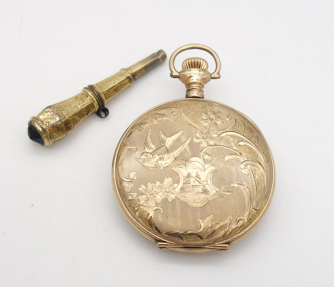 Antique Green Gemstone Gold GF Pocket Watch Key and Bird Flower Motif Ladies Tavennes Pendant Watch (1 of 13)