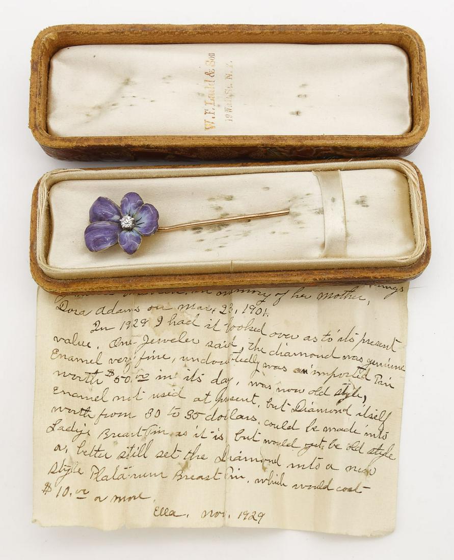 Antique c1900 Tiffany and Co 14K Gold Enamel Diamond Pansy Flower Stickpin (1 of 6)