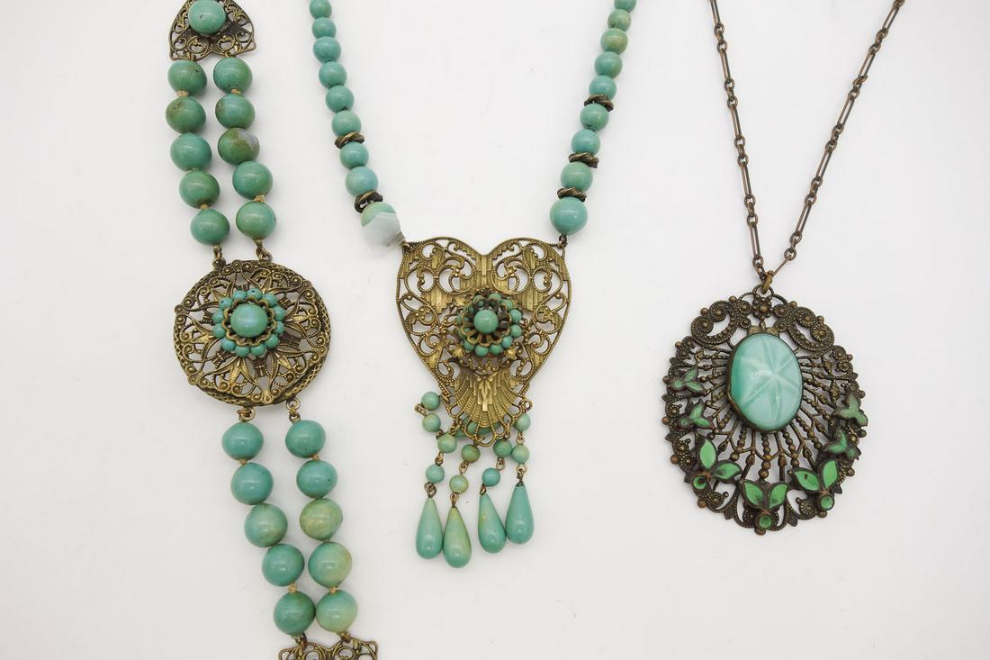 Antique c1910 Brass Filigree Green Bead Enamel Bracelet and Necklaces (1 of 4)