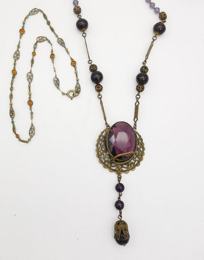 Antique c1910 Brass Filigree Purple Bead Snake Lavalier Necklace and Amber Stone Necklace (1 of 5)