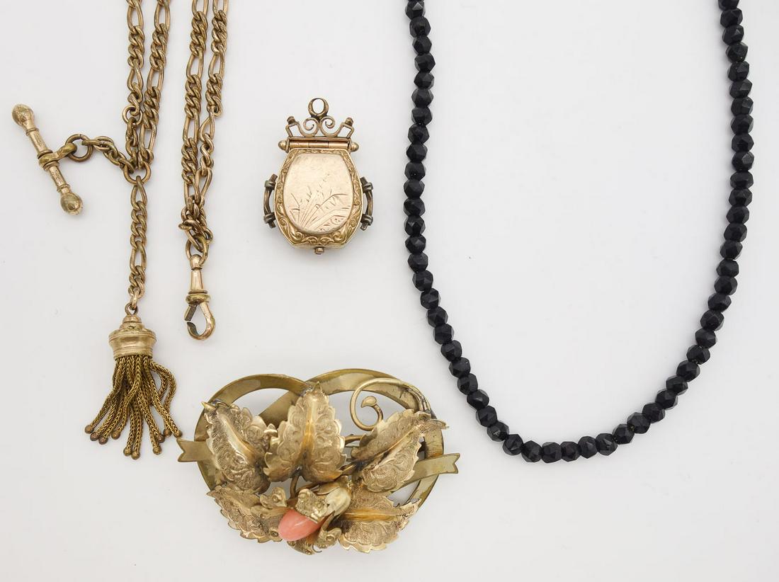 Antique Lot 4 Victorian Jewelry incl Gold GF Coral Brooch, Watch Chain, Locket, and Necklace (1 of 4)