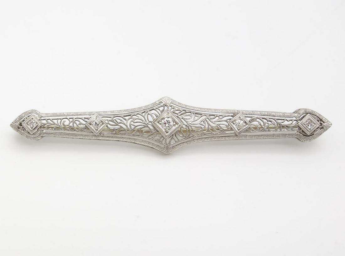 Antique 14K White Gold Filigree Art Deco Diamond Bar Pin Brooch (1 of 4)