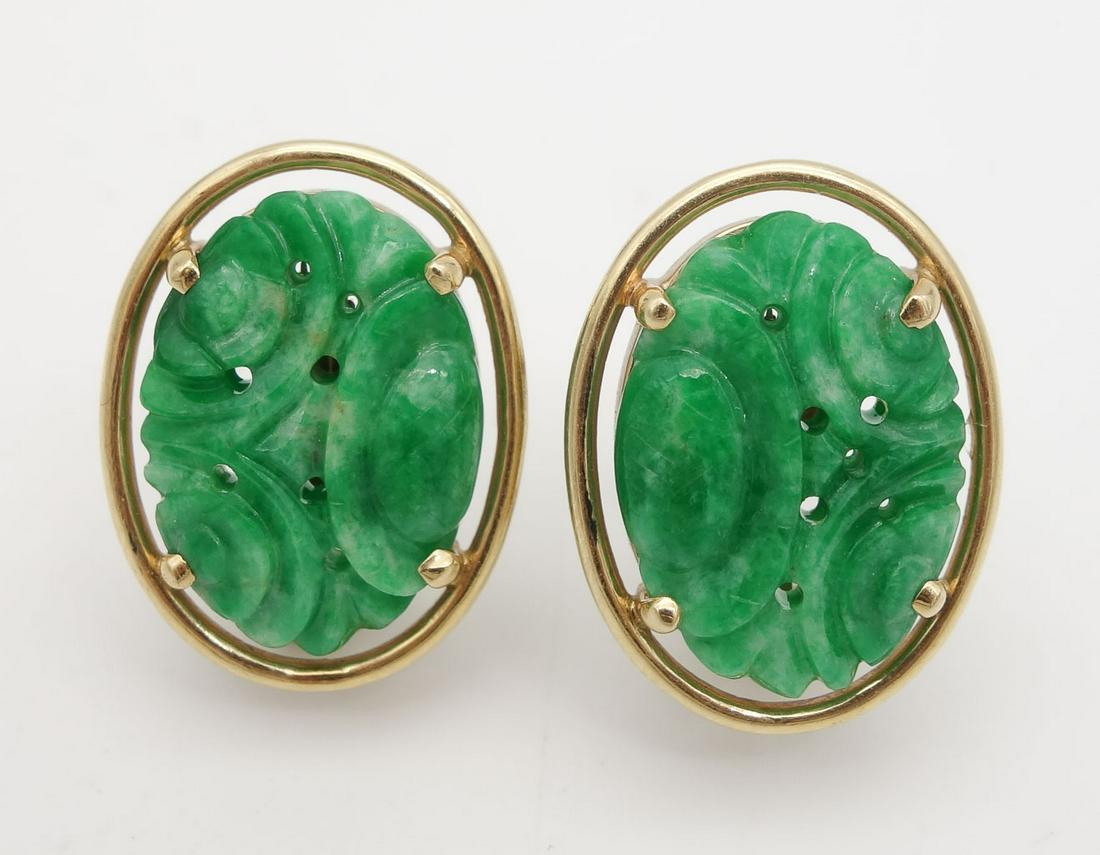 Vintage Pair Art Deco 14K Gold Carved Green Jadeite Earrings (1 of 3)