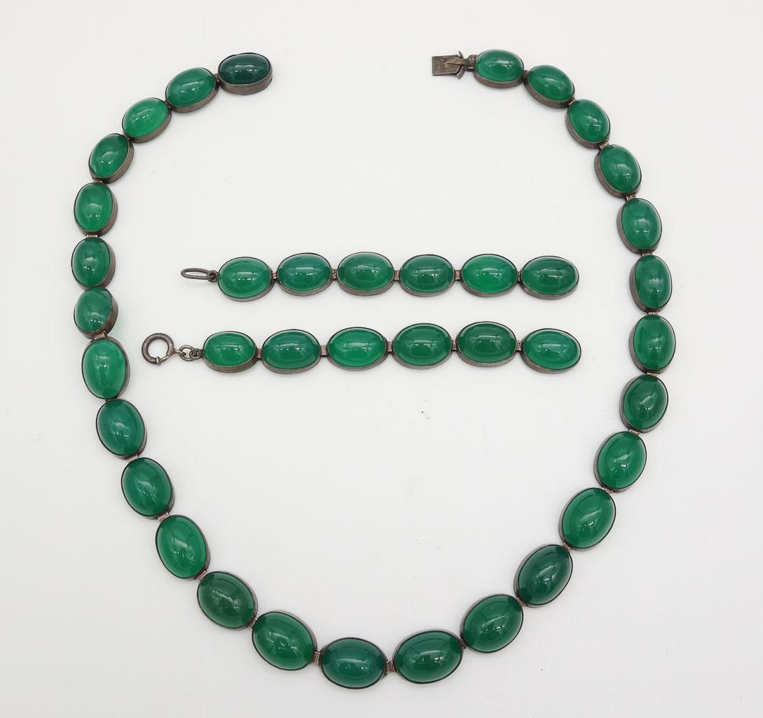 Antique c1900 German Sterling Silver Green Agate Cabochon Necklace and Bracelet Suite for Repair (1 of 5)
