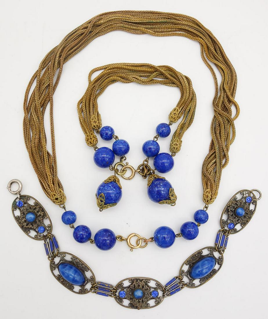 Antique c1910 Blue Goldstone Brass Filigree Bracelets and Necklace (1 of 2)
