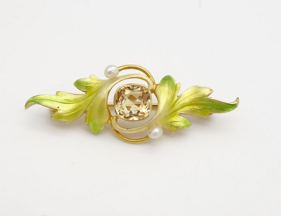 Antique Art Nouveau 14K Gold Enamel Seed Pearl Precious Topaz Brooch Pin (1 of 3)