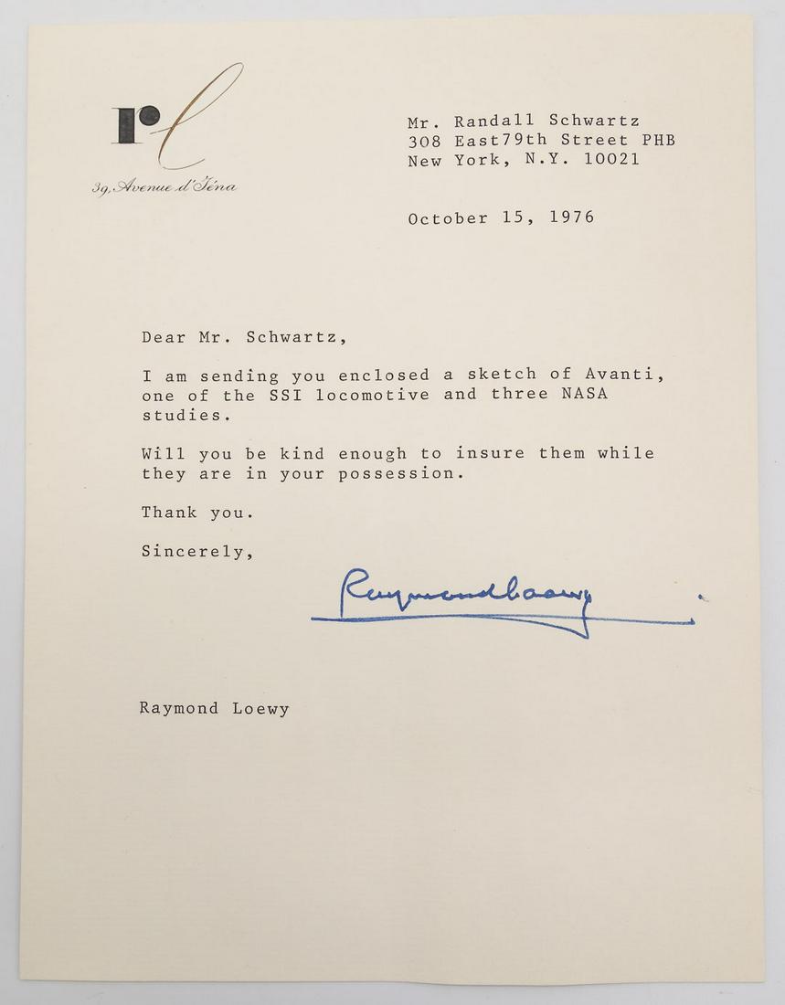 1976 TLS Raymond Loewy Innovative Industrial Designer Avantii, S1 Locomotive, NASA: This is a Typed Letter Signed (TLS) by 20th century industrial designer Raymond Loewy (French-American 1893-1986). Loewy is best known for his designs of Studebaker Avanti, S1 Locomotive, and NASA Sky