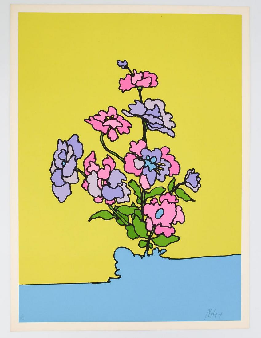 Peter Max Pop Art Serigraph Print Pink & Lavender Flowers 1973 w Gallery Stamp (1 of 4)