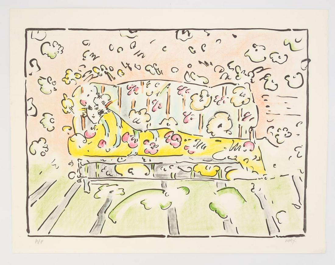 Peter Max Pop Art Serigraph Print Lady on Couch Yellow 1973 Signed Artist's Print (1 of 4)
