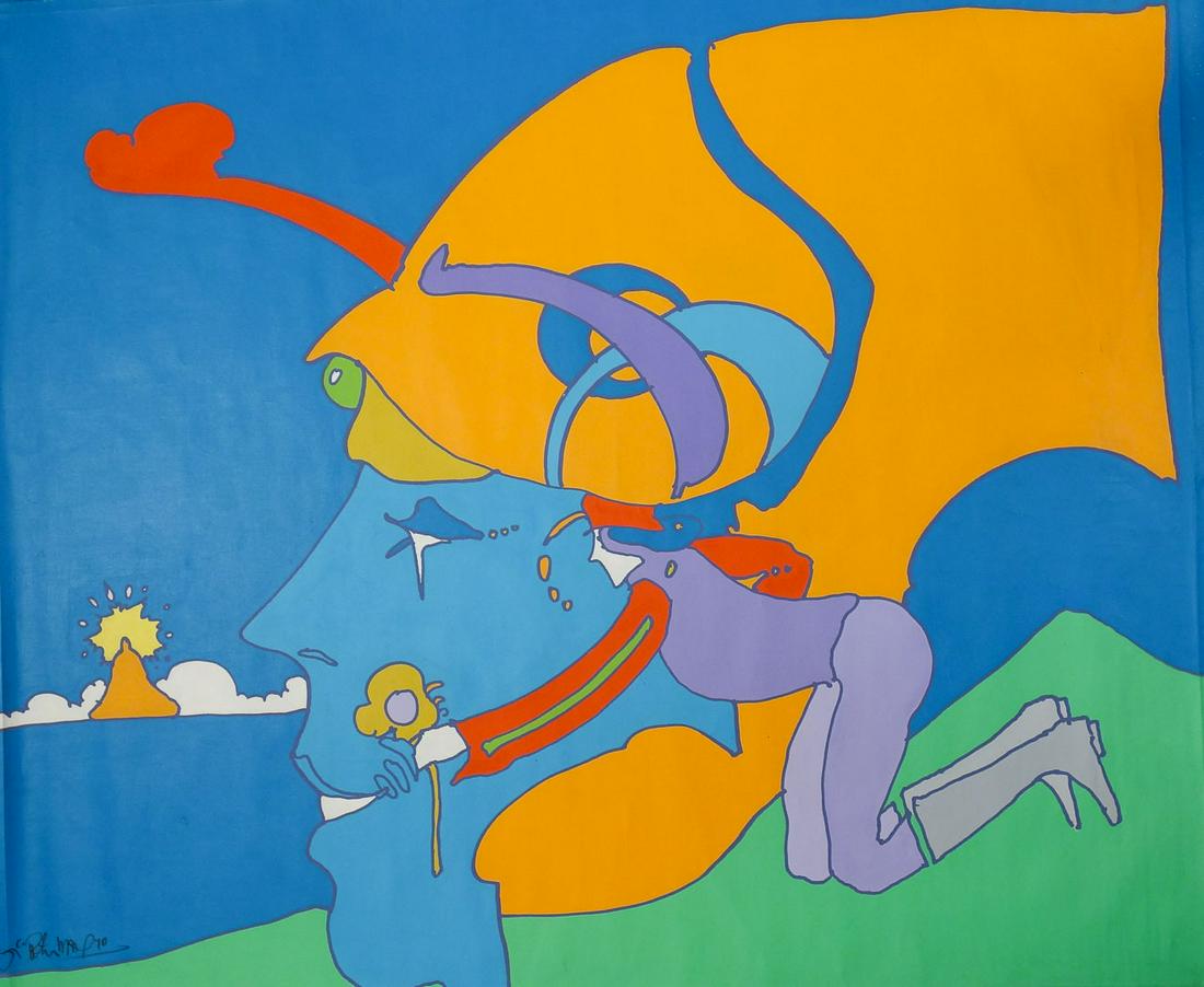 Original Peter Max Monumental Painting on Canvas Pop Art Face w Kneeling Figure Signed OM 50 x 60" (1 of 5)