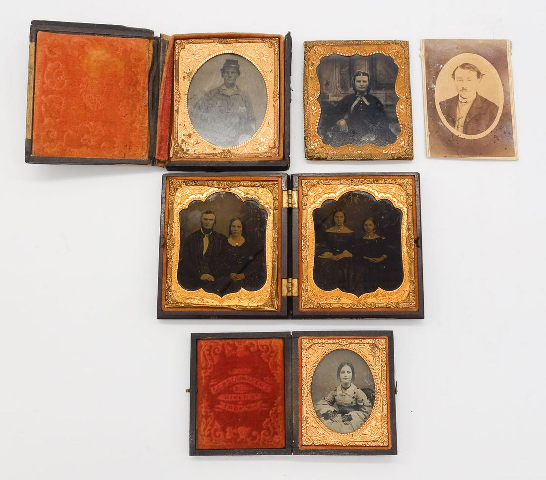 Antique Lot 3 Cased 19c Images incl Civil War Soldier Holding Revolver and More: This is an antique lot of three cased Civil War era daguerreotype images. The lot includes the following: ~Sixth Plate double portrait case featuring a husband and wife opposite their two daughters (p