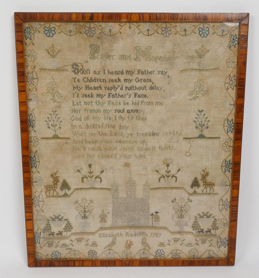 Antique 1787 Elizabeth Radcliffe Needlepoint Sampler w Prayer, Castle, Stags, Rabbits (1 of 8)
